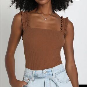 SAINT 21 Brown Ruffled Strap Ribbed Bodysuit Size M